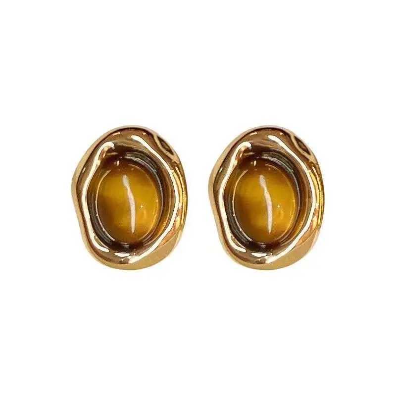 Hot Selling Round Tigers Eye Stone Earrings For Women Fashion Simple Retro Earrings Valentines Day Anniversary Gifts C251103