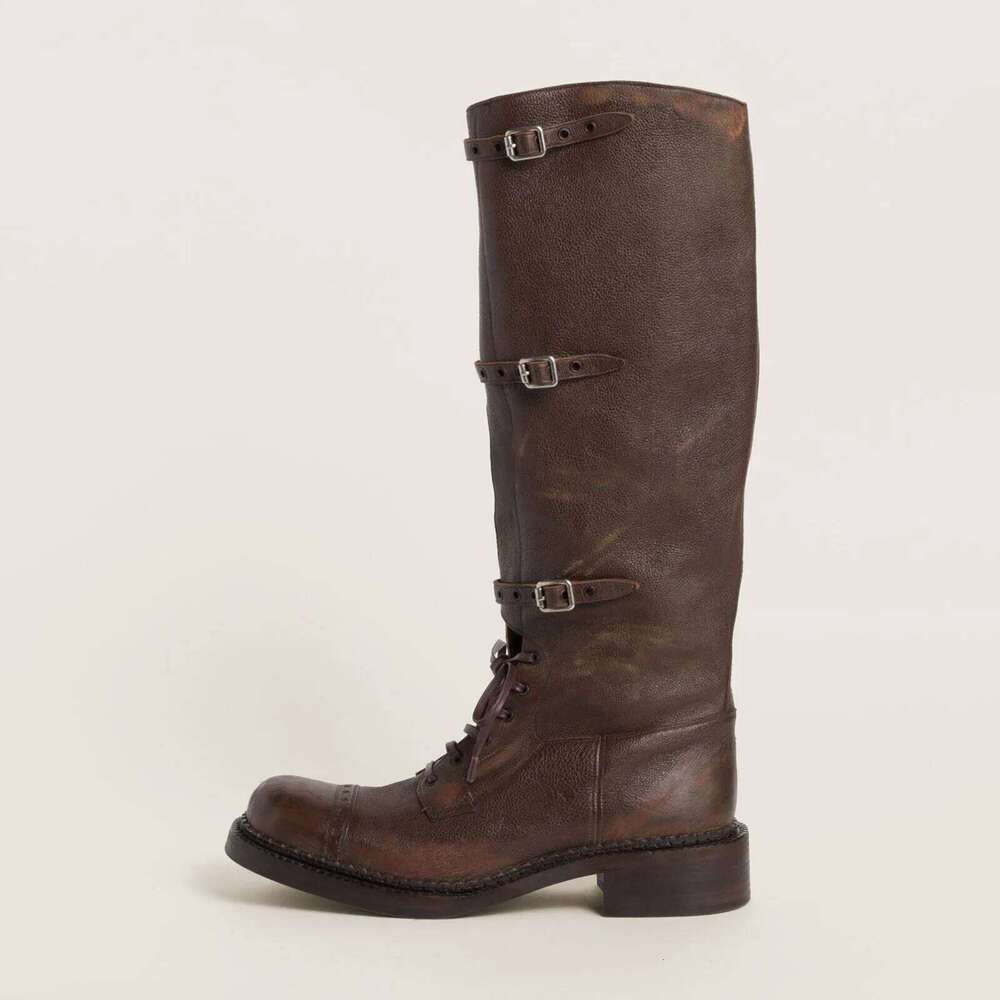 Arden Furtado Autumn platform Lace Up Knight Round toe Pull-on Chunky Heels Belt buckle Knee high boots Motercycle Boots