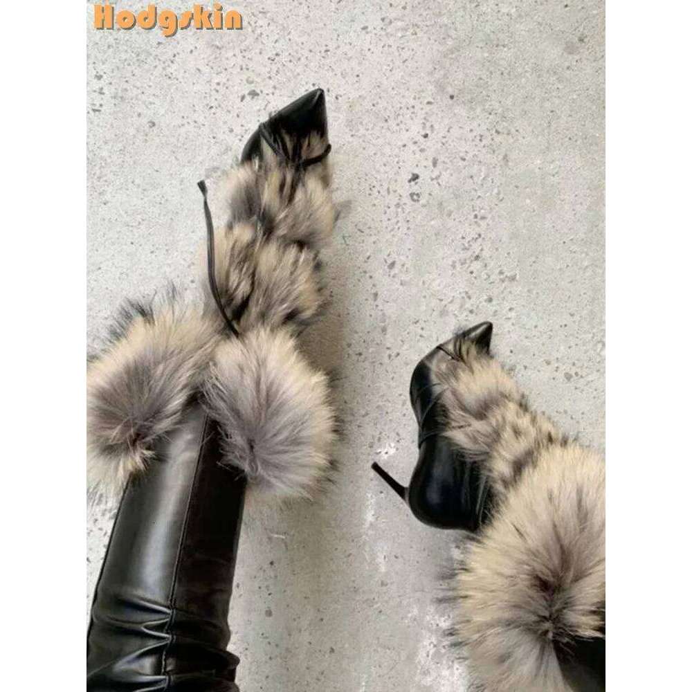 Sexy Faux Fur Strappy Solid Pointed Toe Lace-up Stiletto Knee-high Boots Thin Heels 2025 Autumn New Women Fashion Shoes