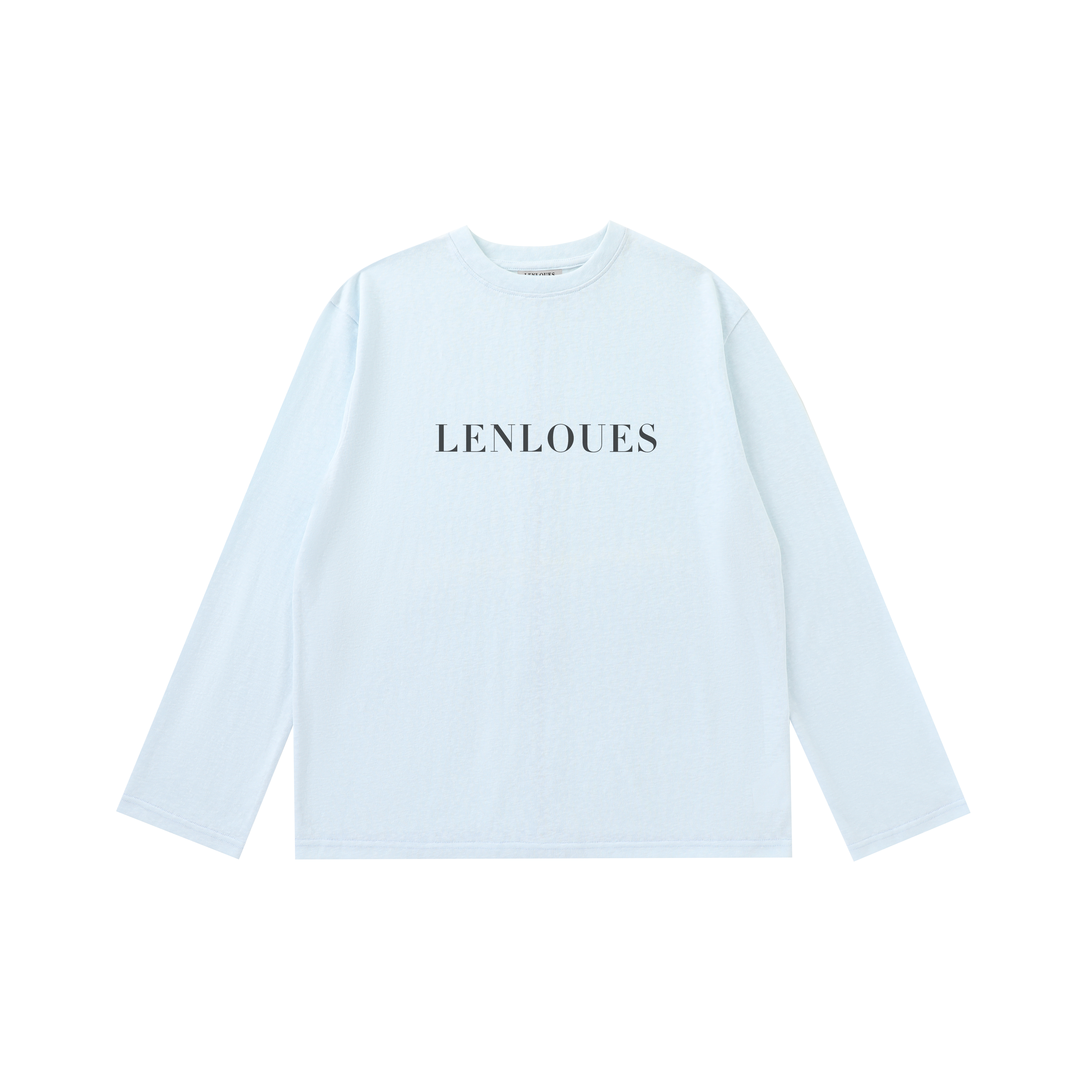 LENLOUES Unisex Oversized Long Sleeve T-Shirt | Light Blue Cotton Crew Neck Tee with Brand Logo, Casual Fashion Top for Men Women LNS-1016