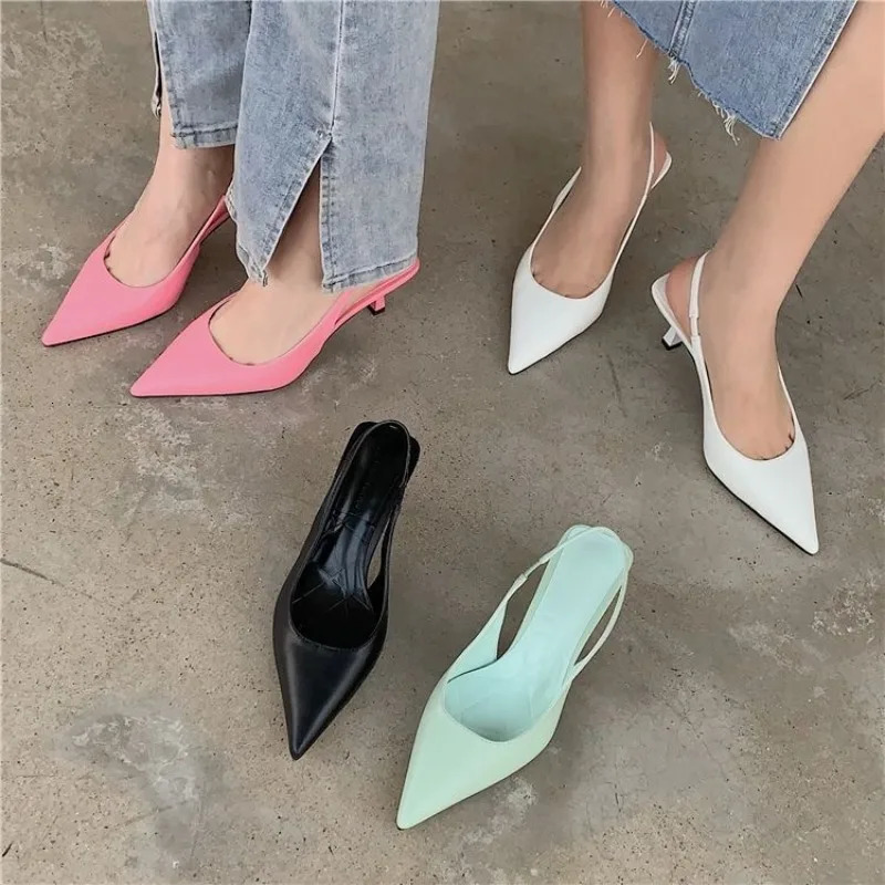 Pointed Toe Women Sandals Arrivals Black White Silver Summer Dress Shoes Thin High Heels Elastic Band Ladies Pumps 251030
