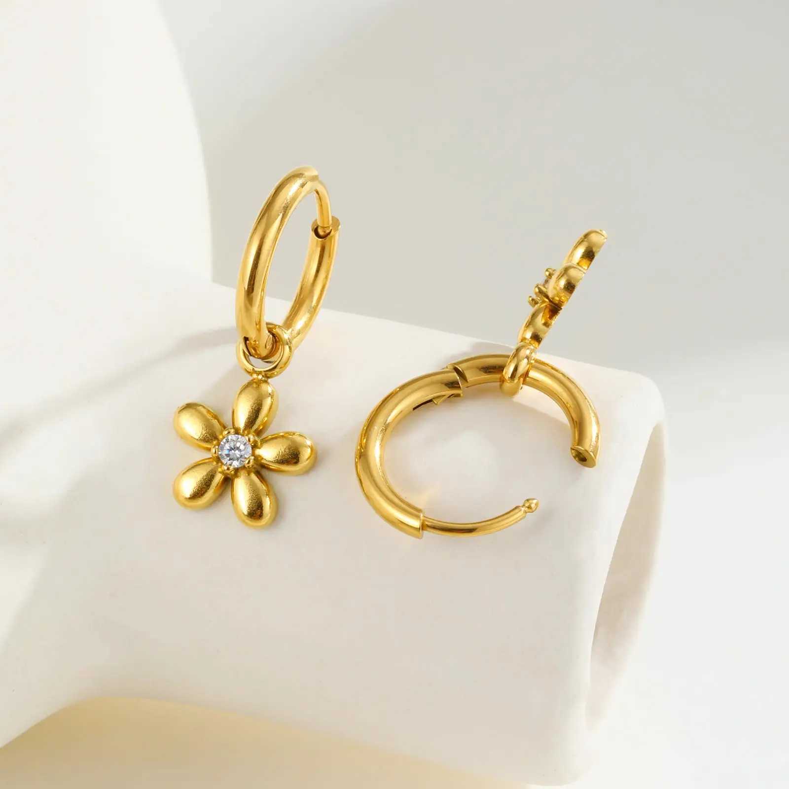 Exquisite Zircon Flower Hoop Earrings for WomenGold Color Stainless Steel EarringsFashion Jewelry Gift C251103