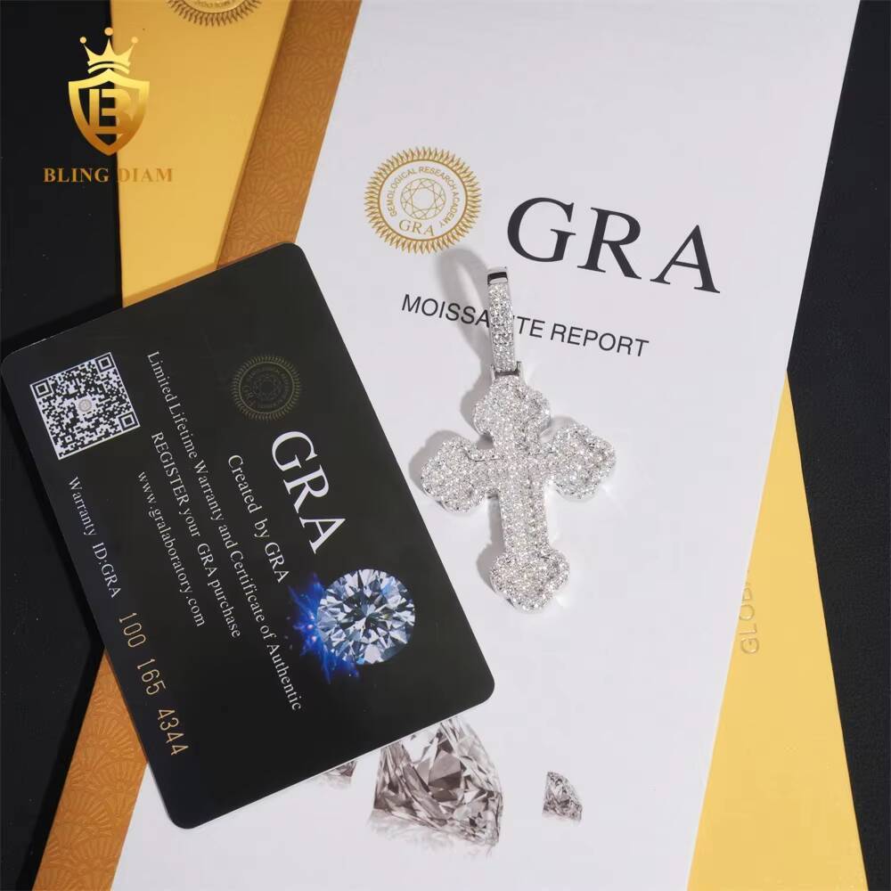 Hot Sale Fashion Jewelry 925 Sterling Silver Golden Plated Iced Out Moissanite Charms Cross With Flowers Pendants for Men