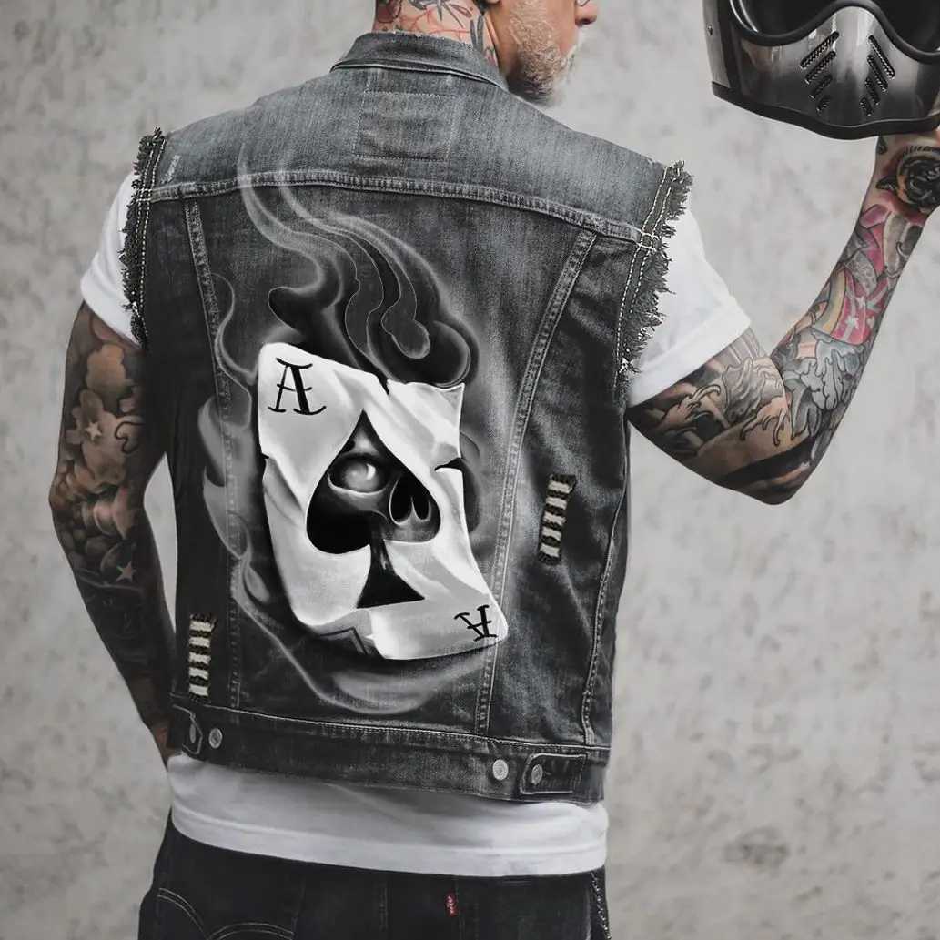 Mens Spring/Summer New Outdoor Cycling Motorcycle Punk Print Pattern Hollow Out Raw Edge Sleeveless Tank Top Denim Jacket X250403