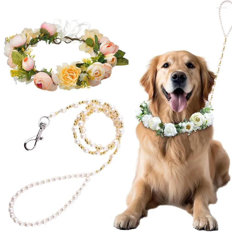 Update Dog Flower Collar And Traction Rope Set Pearls Beaded Leash Collars Wedding Attire Wreath Po Pet Prop Accessories