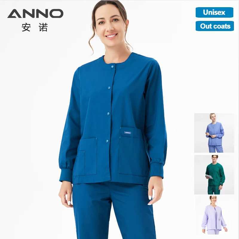 ANNO Long Sleeve Nurse Jacket Out Coat Doctor Shirt Women Men Nursing Uniform Top Hospital Clothing Work Wear J251103