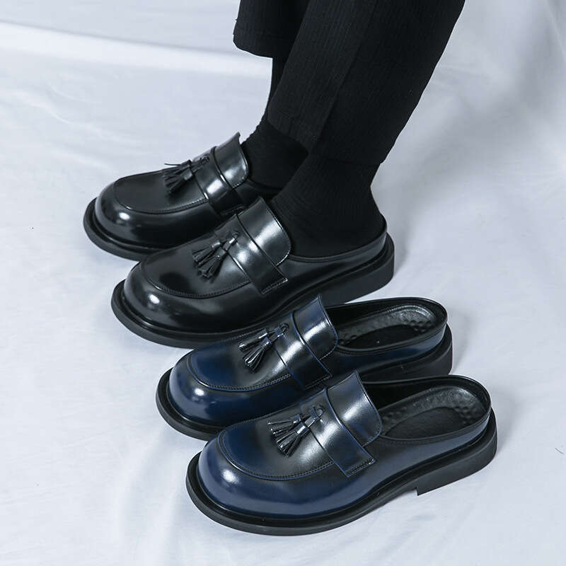 Large Summer New Casual Fashionable Men's Half Dragged Shoes Trendy Set Foot Cap Leather Trailer