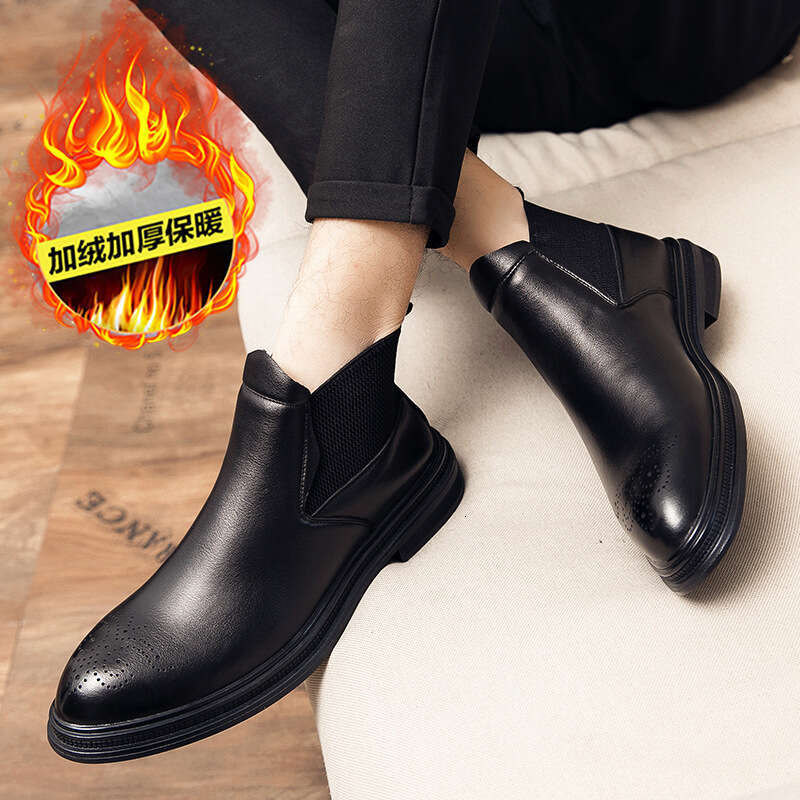 Large size cotton Block carved 2023 winter new British high top workwear leather shoes for men