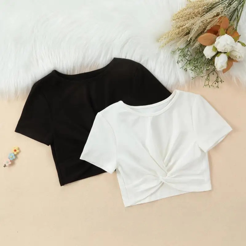 DAYIFUN Two piece Sets Girls High Waisted Tight Tshirts Fitting Short sleeved Tshirt with Twisted Cross Exposed Navel Top 250325z