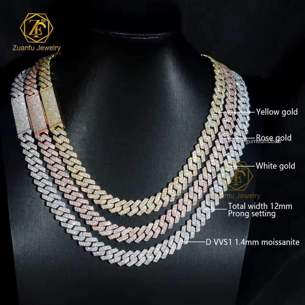 Factory Wholesale Drop Shipping VVS Moissanite Dia Cuban k Chain 10mm 12mm 13mm 15mm Hip Hop Necklace Men Jewelry