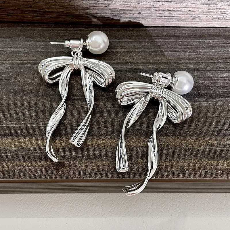 2024 New Arrival South Korea Light Luxury Tassel Long Pearl Bow Dangle Earrings For Women Fashion Sweet Metal Jewelry Gifts Y250401