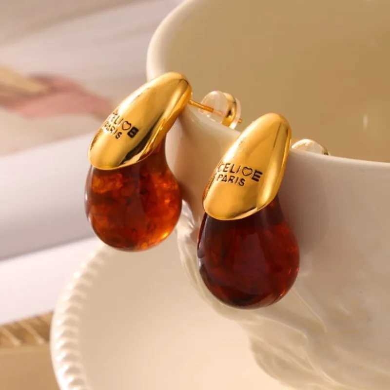 Womens Water Drop Stud Earrings Stainless Steel 18K Gold Plated Waterproof Brown Resin Womens Earrings Tears Earrings Cuff Girls Y250401