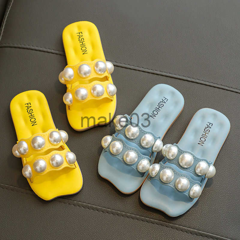 Korean version parent-child slippers girls sandals fashionable and versatile big pearl sweet and soft bottom household and home four season slippers J