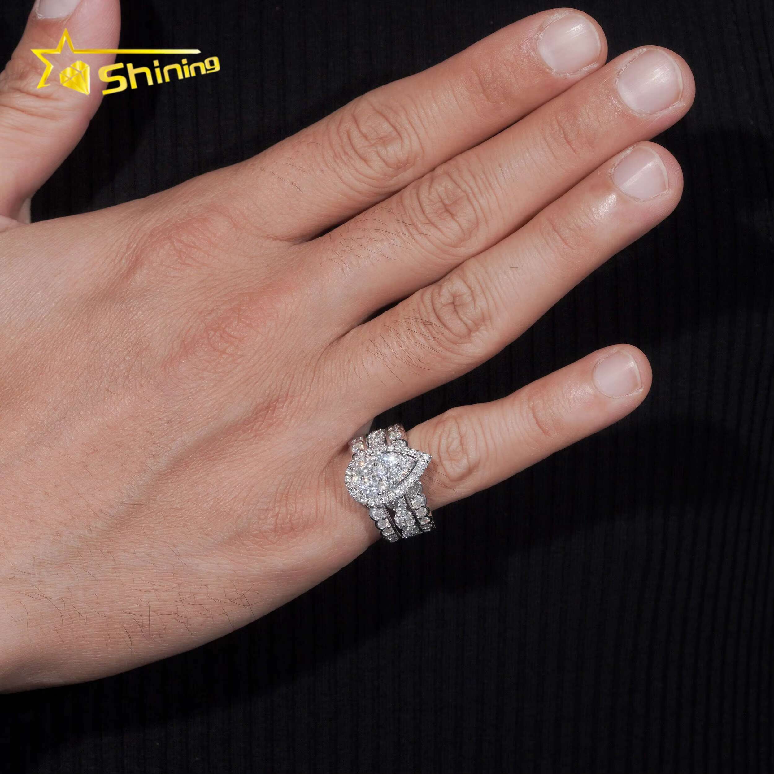 Trendy 925 Silver Rhodium Plated Custom Full VVS Moissanite Diamond Wedding Engagement Rings Set for Women