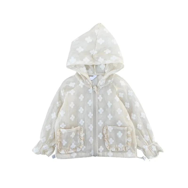 Summer Fashion Lightweight Kids Sun Suit Tops Floral Embracery Cute Girl Coats Drawstring Hooded Zip Baby Jackets 18 years 250325z