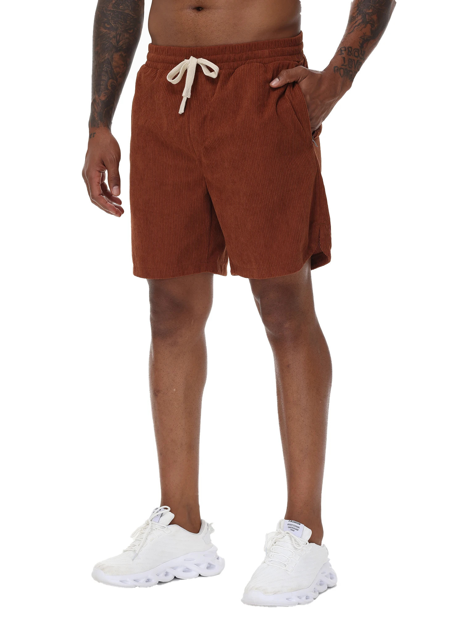 Mens casual sports shorts solid color Corduroy drawstring zipper pocket 250403e