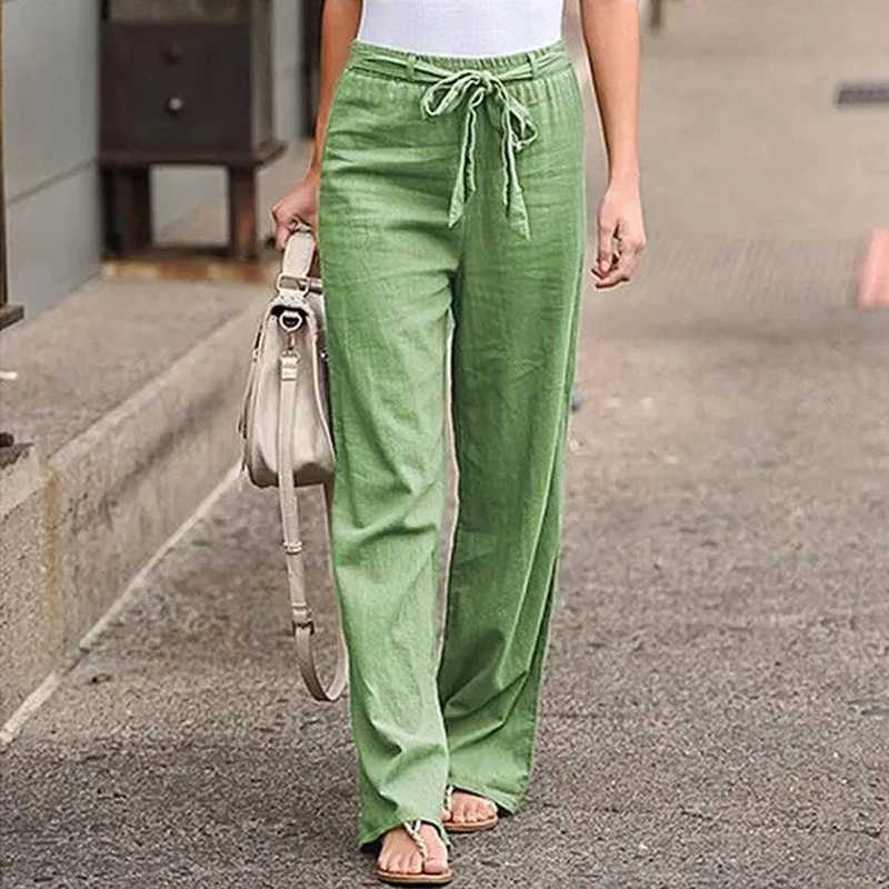 Womens pure cotton linen pants summer fashion elastic waist loose straight pants Fe casual solid color ankle pantsXJ250403