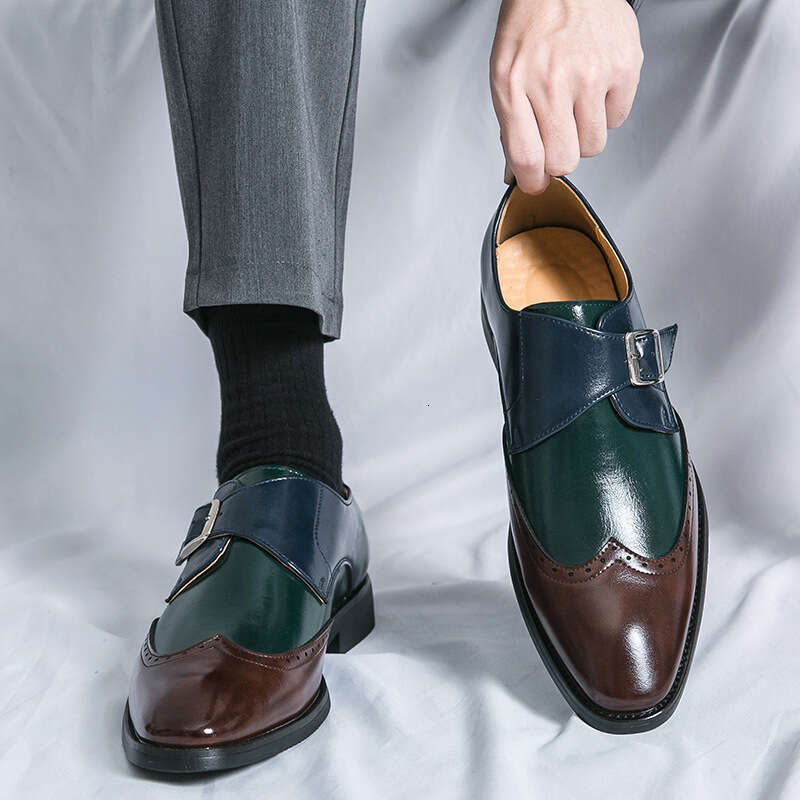 Large men's color matching buckle loafers, business dress casual leather shoes 38-48, groom's wedding shoes, men