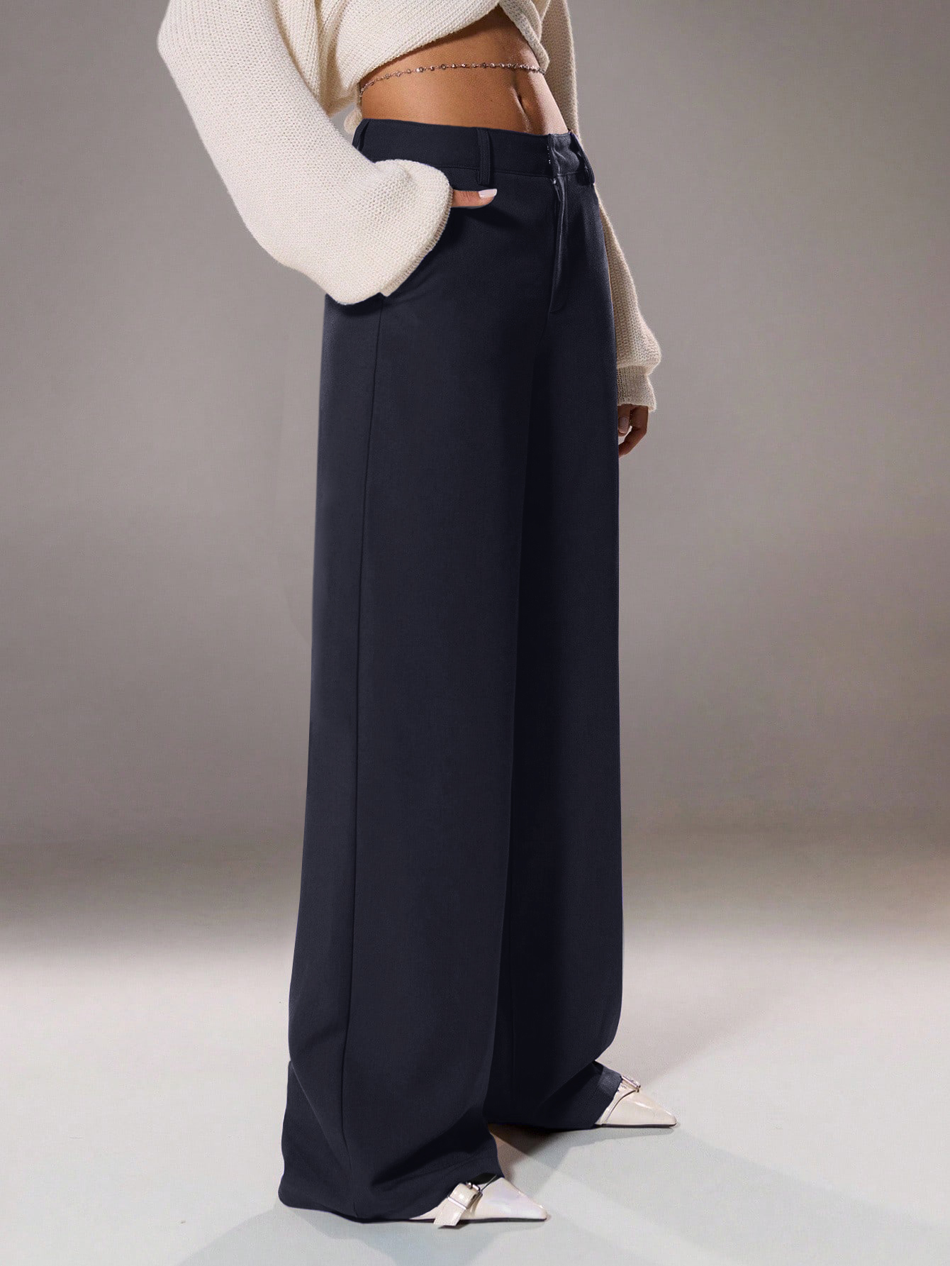 Eco-Friendly Natural Fiber High Waist Slacks Featuring Functional Buttons Perfect Match for Professional Outfits---112