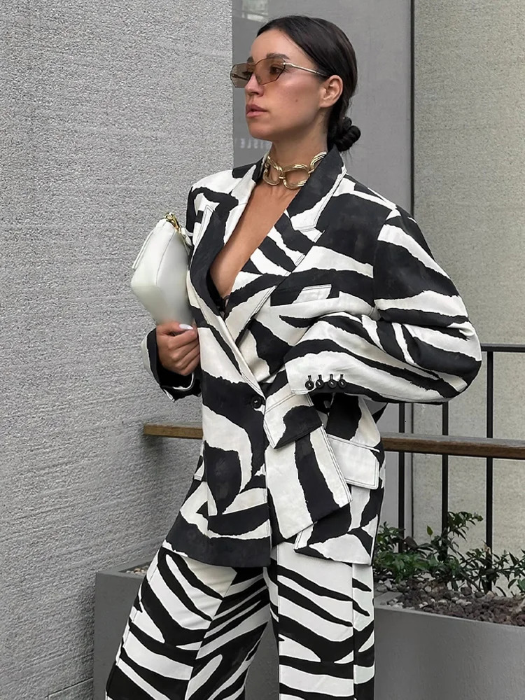 HH Women Suit Zebra Stripes Pocket Single Deduction Decorate TurnDown Collar Blazer JacketZipper Casual WideLeg Pants251027