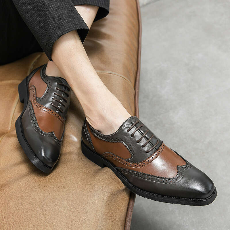 Spring New Fashionable Outdoor Trendy Large Size 48 Color Block Carving Pointed Leather Shoes