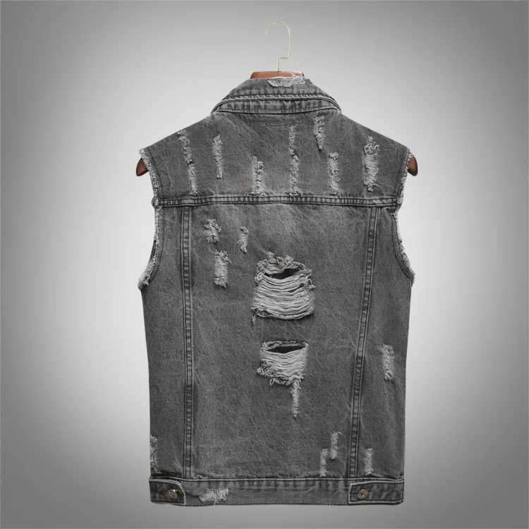 Vests Men Denim Jacket Hole Turn Down Collar Sleeveless Coats Casual Regular Splice Pocket Button Single Breasted Coat Jackets X250403