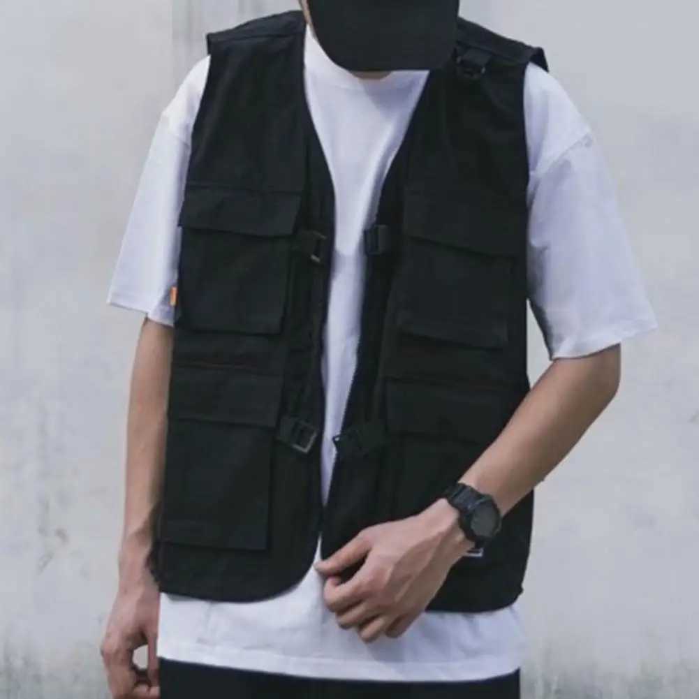 Trendy Summer Thin Hip Hop Cargo Vest Solid Color Vest Coat Sleeveless Thin Outdoor Cargo Waistcoat for Fishing X250403