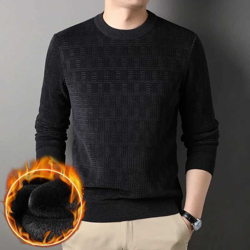 Chenille Winter Warm Sweaters Men Plaid Jacquard O-neck Pullovers Fleece Thick Knitwear Male Business Casual Knitted SweaterT251103