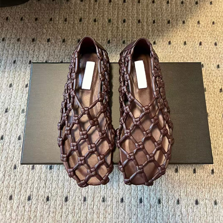 Breathable new fashion minimalism Summer Red Handmade Rope Woven Hollow out loafers Flat sandal slip on slide designer shoe for womens holiday shoes