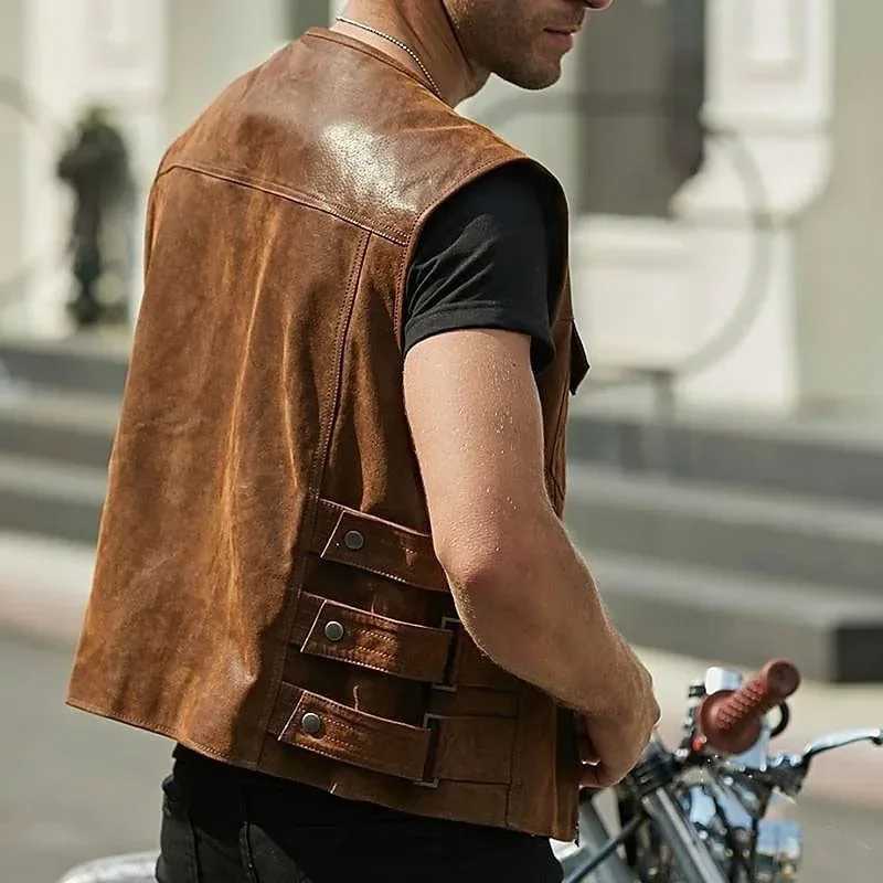 2023 Vintage Brown Motorcycle Vests Men Zipper Pockets Leather Jacket All-match Sleeveless Mens Riding Vest Motor Biker Jackets X250403