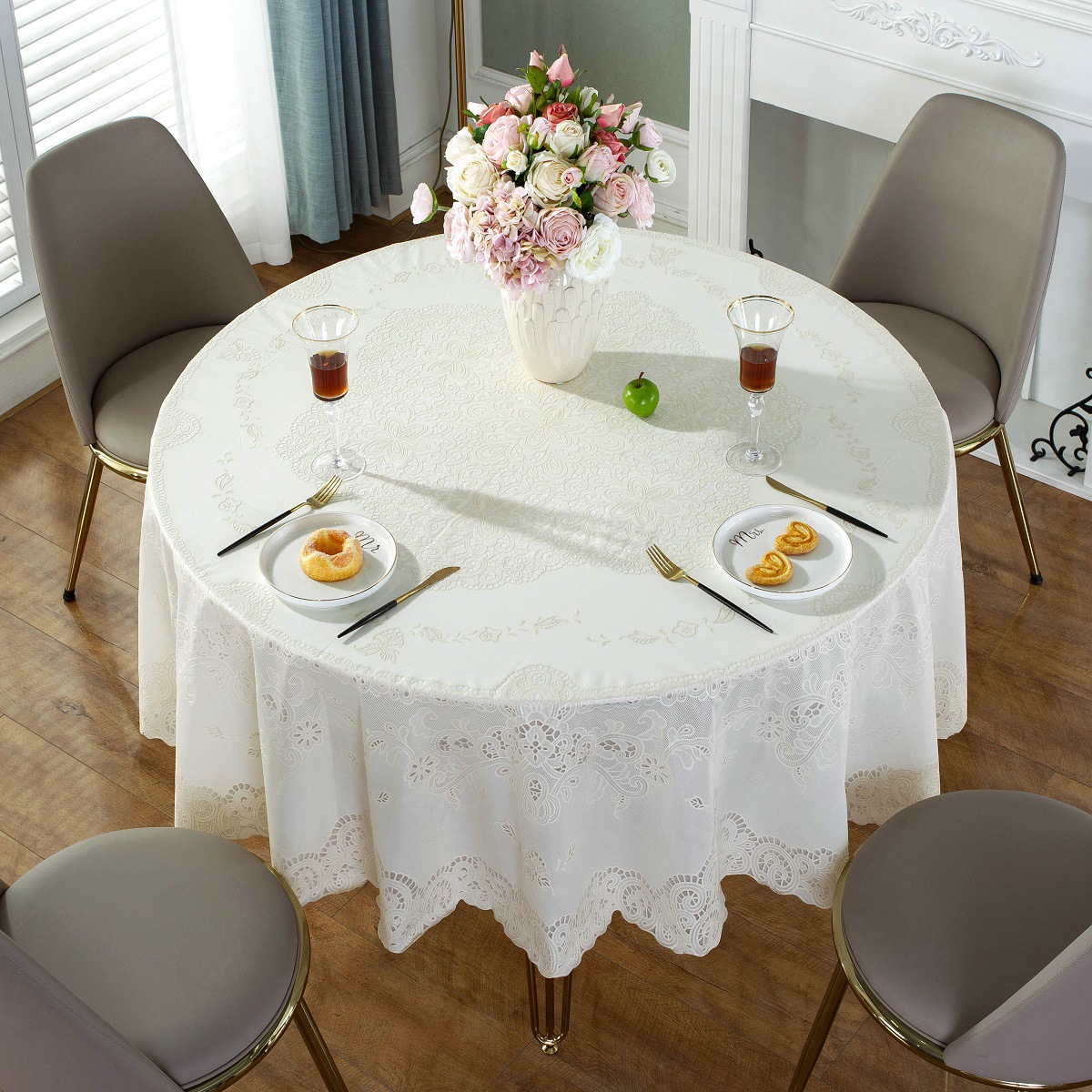D152 Factory direct European style gold stamping PVC tablecloth household round tablecloth waterproof and oil proof hotel restaurant tablecloth pure w