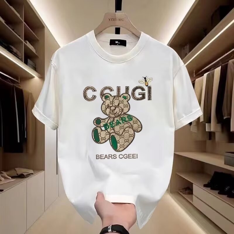 Free shipping summer men's fashion Bear embroidery short sleeve thin slim T-shirt fashion fashion half sleeve trend T-shirt male black white plus
