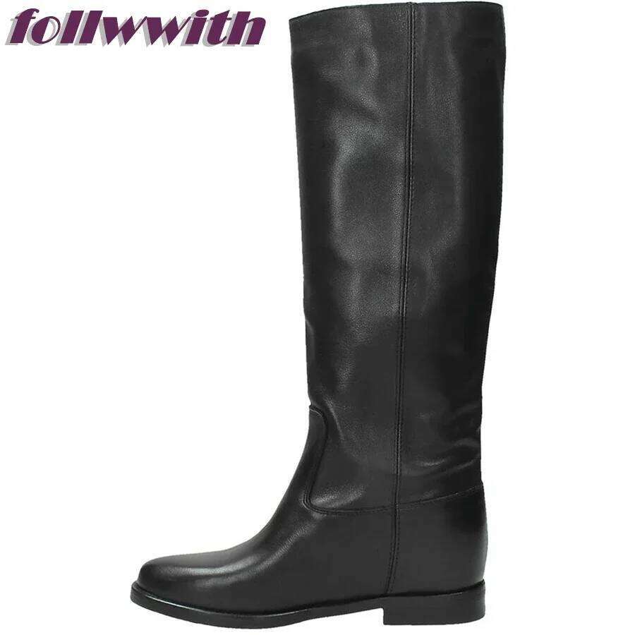 Metal V Decoration Black Leather Knee High Woman Boots New Brand Solid Designer Fashion Catwalk Concise Round Toe Winter Shoes