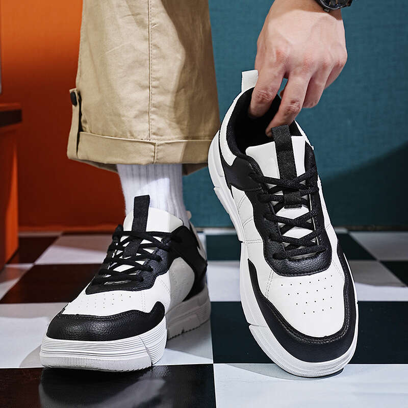 Leather men's fashionable casual plus size outdoor sports board shoes, student running color blocked white shoes 0810
