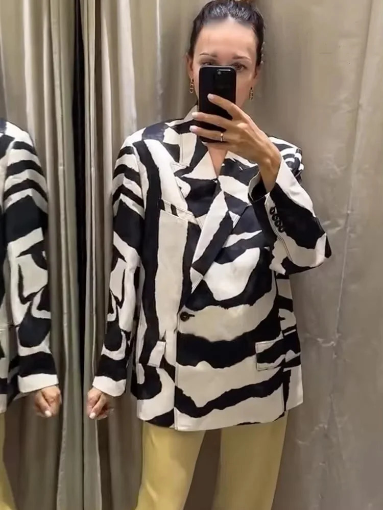 HH Women Suit Zebra Stripes Pocket Single Deduction Decorate TurnDown Collar Blazer JacketZipper Casual WideLeg Pants251027