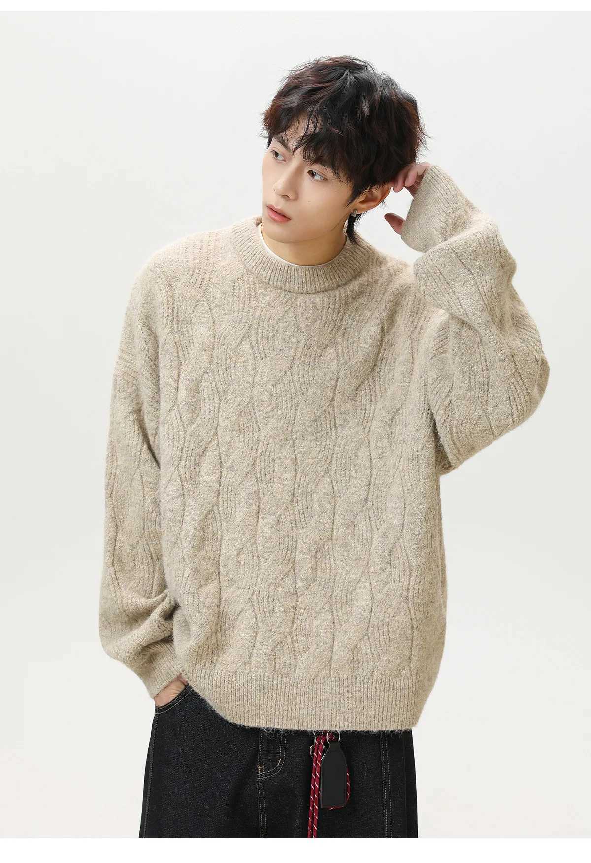 Thickened Mohair Solid-Colour Crew Neck Sweater Top Men Autumn Winter Cable-Knit Textured Knitwear Retro Oversized CardiganT251103