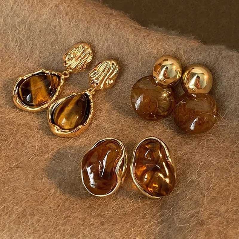 New Brown Resin Tiger Eye Stone Dangle Earrings for Women Fashion Silver Needle Earring Personality Melard Color Jewelry Gifts C251103