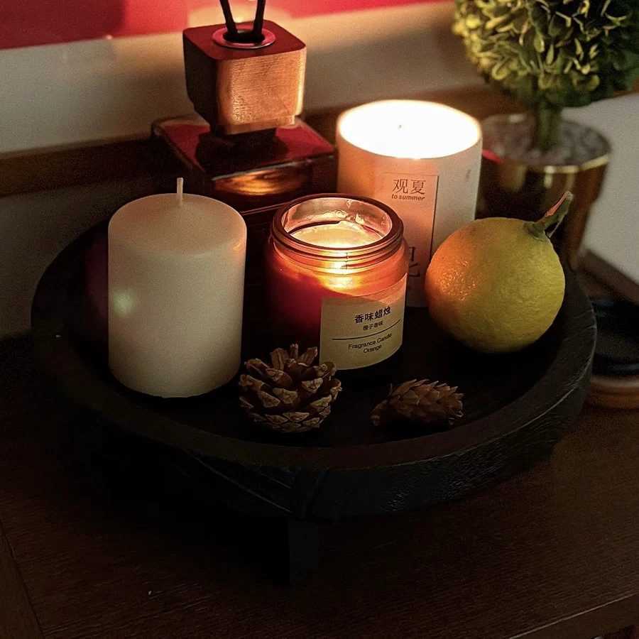 Retro Fruit Plate He Living Ro Coffee Table Teak Black Round Tray Solid Wood Small Wooden Plate Wooden Candlestick Plate Y251025