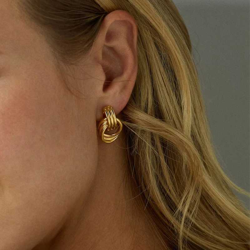 Vintage Three Layers Mini Knot Stud Earrings for Women Gold Plated Twisted Small Circle Stainless Steel Earring Punk Jewelry C251103