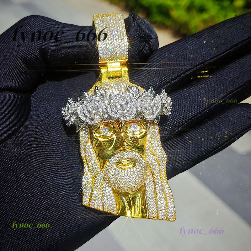 Hip Hop Moissanite Paved Bling Ice Out Rose Flower JESUS PIECE Pendants Necklaces for Men Rapper Jewelry Gold Silver Color