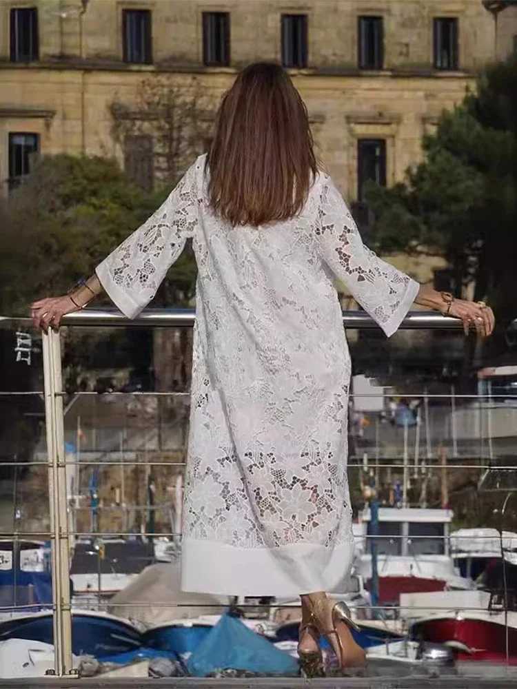 White Embroidery Lace Dress Women Spring Sexy V Neck Hollow Out Party Dress New Boho Loose Long Dress Holiday C251103