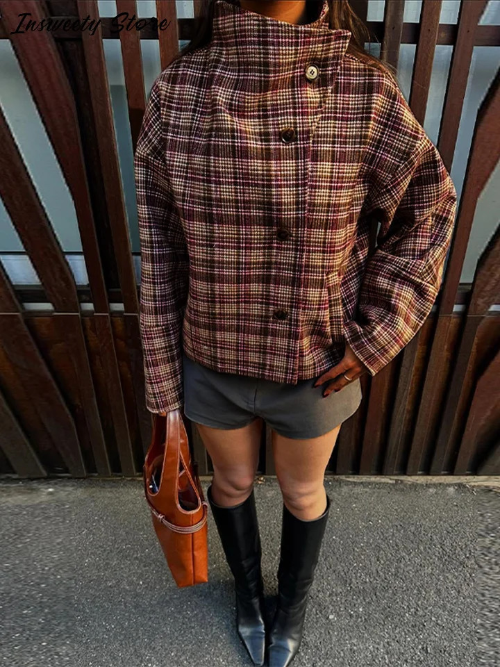 Fashion Plaid Coats Womens Stand Collar Single Breasted Long Sleeve Vintage Jacket Autumn Lady Casual Loose Overcoat 251103