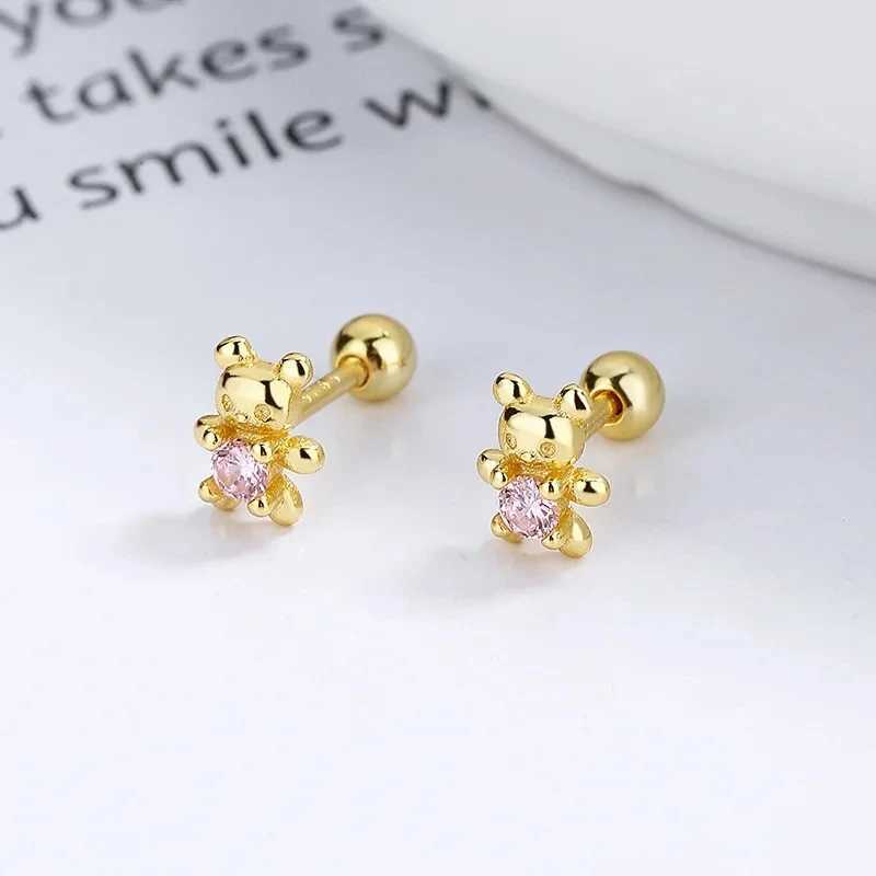 Korean Fashion Pink Zirconic Bear Screw Earrings For Women Girls Cute Animal Cartilage Helix Tragus Ear Piercing Jewelry Gift C251103