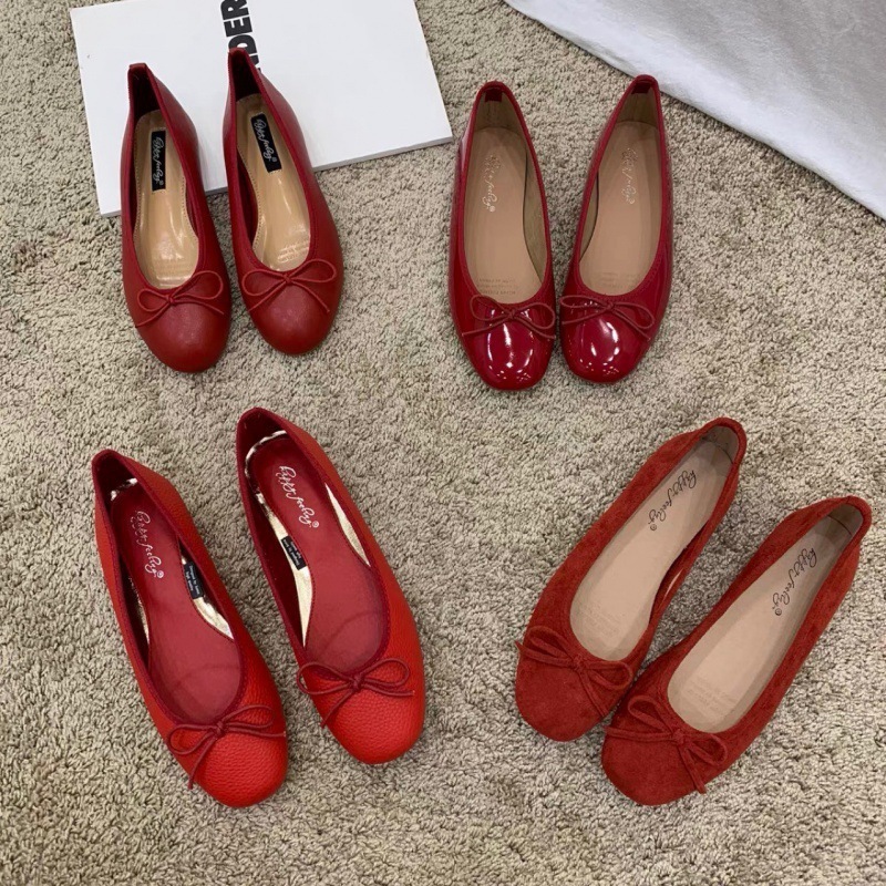 2024 Summer New Fashionable Versatile Butterfly Bow Shallow Mouth Flat Bottom Small Red Single Shoes 241206