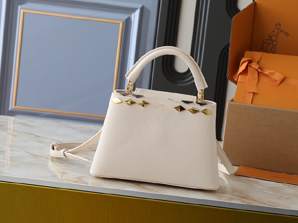 New handbag, cowhide single-shoulder bag, metal diamond-shaped inlaid bag, crossbody bag