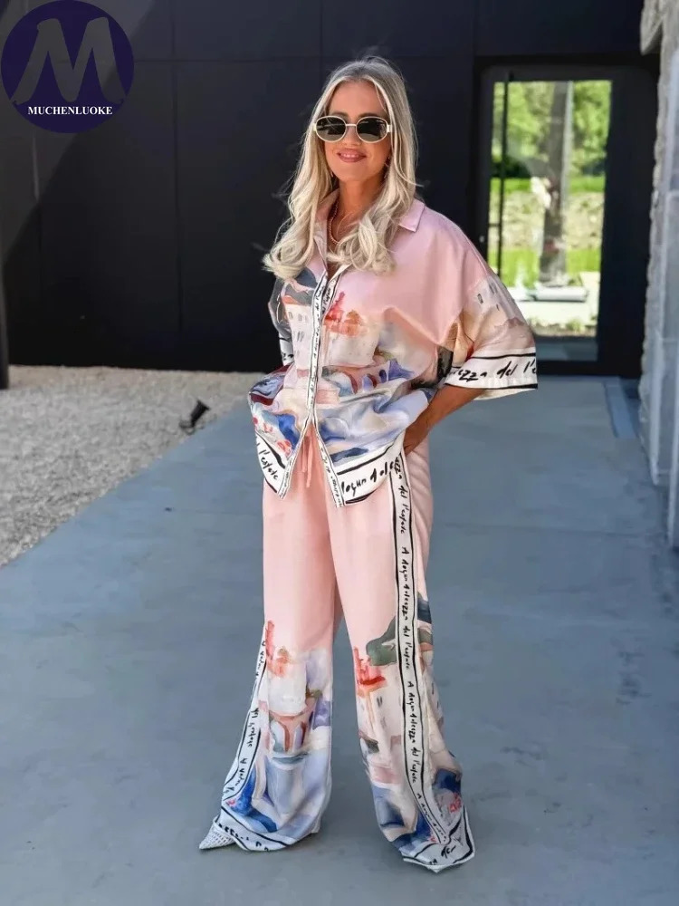 2 Pieces Set for Woman Summer Elegant Printed Half Sleeves Shirt Tops Suits Fashionable Casual Loose Wide Leg Pants Sets 251103