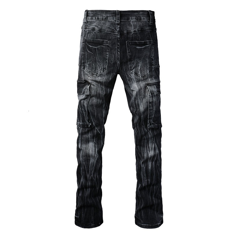 Street multi pocket jeans men's slim fit elastic trendy brand denim micro flared pants men 9314
