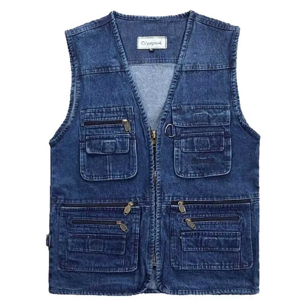 2021 Big Size V-Neck Classic Multi Denim Work Vest Mens Solid Casual Waistcoat with Many Pockets Fishing Vest Sleeveless Jacket X250403
