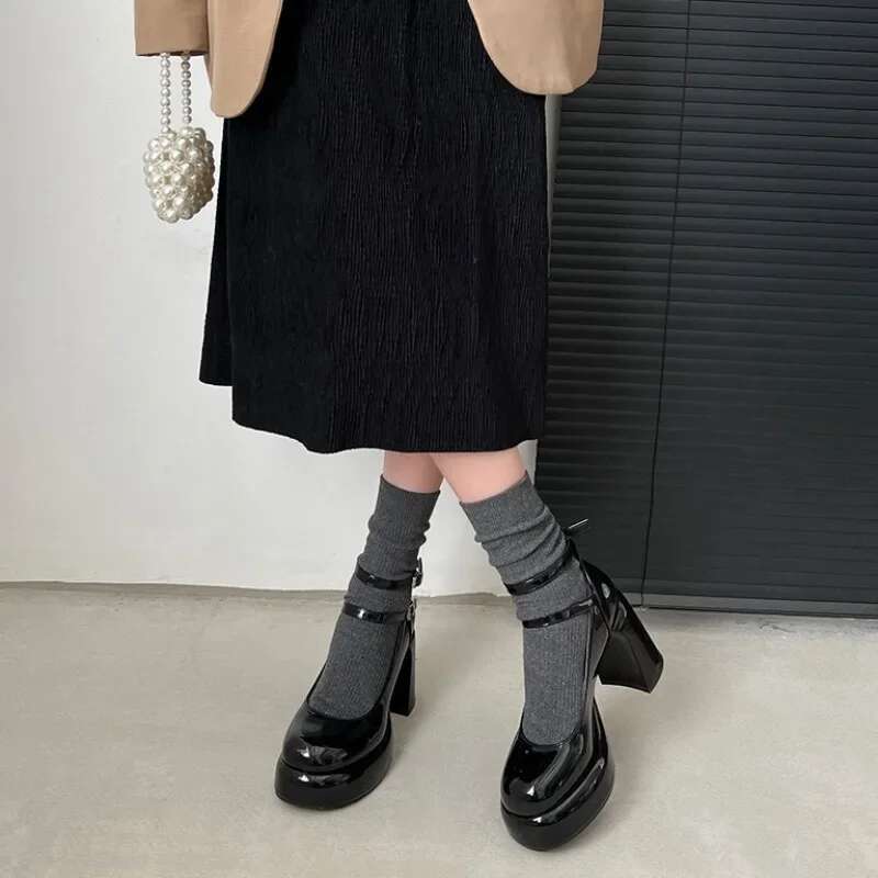 2024High Heels Women's Spring Autumn Pumps Shoes Red Black Retro Thick Soled Jane Ankle Buckle 9cm Chunky