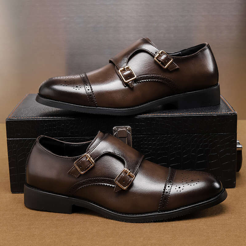 Large size new casual fashionable men's business dress shoes, trendy Blok carved leather shoes